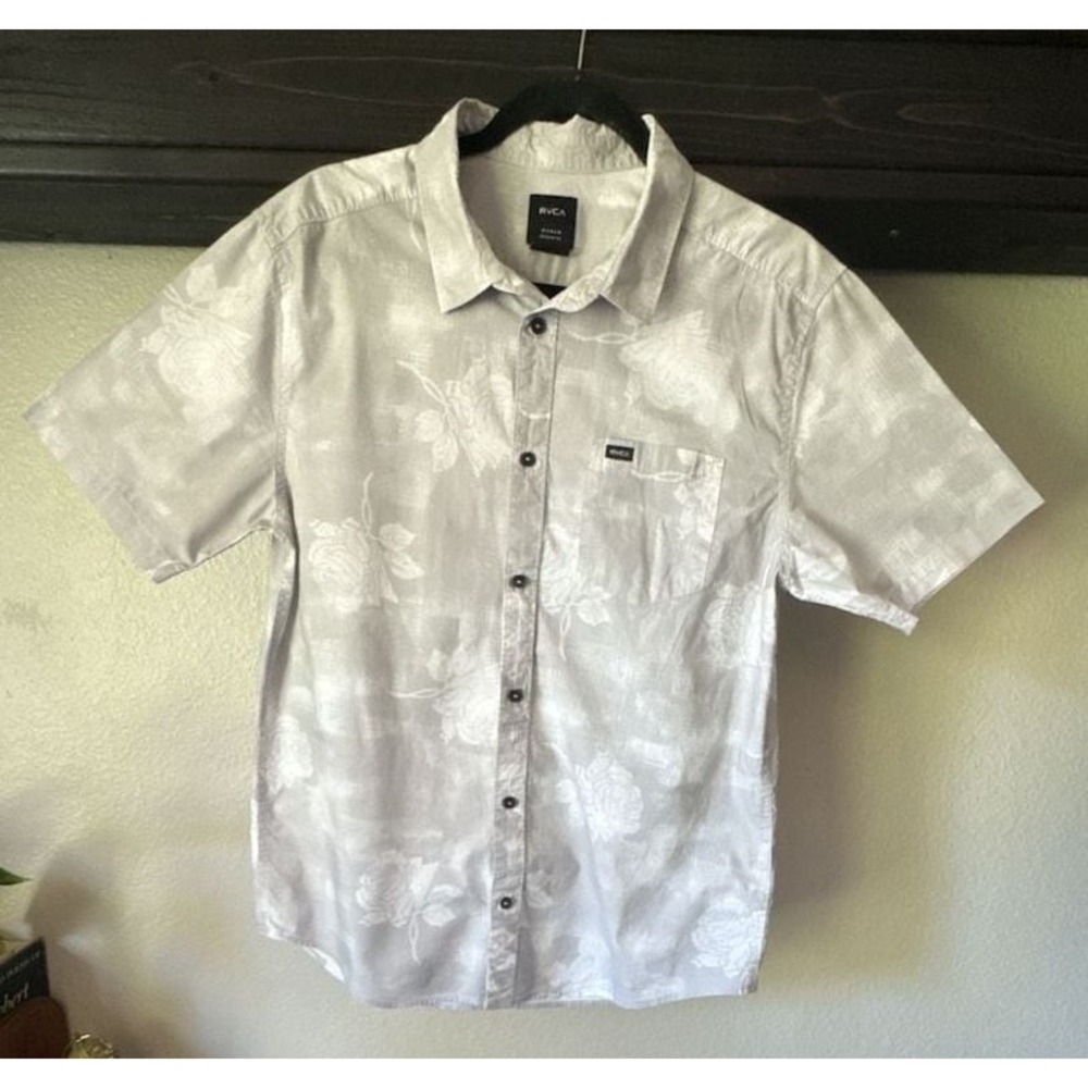 RVCA Men's Medium Regular Fit Gray White Floral Button Front Shirt 100% Cotton